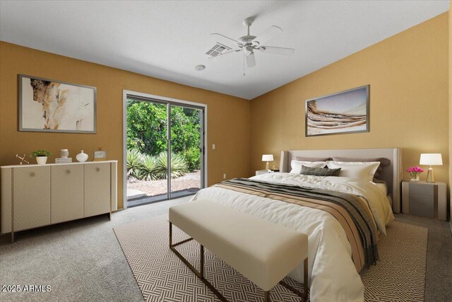 carpeted bedroom featuring a ceiling fan, access to exterior, and visible vents