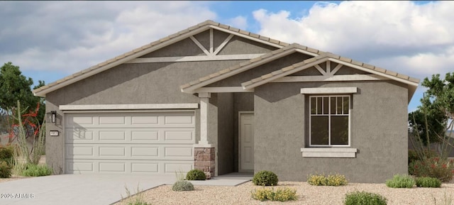 view of front facade with a garage, concrete driveway, a tiled roof, and stucco siding