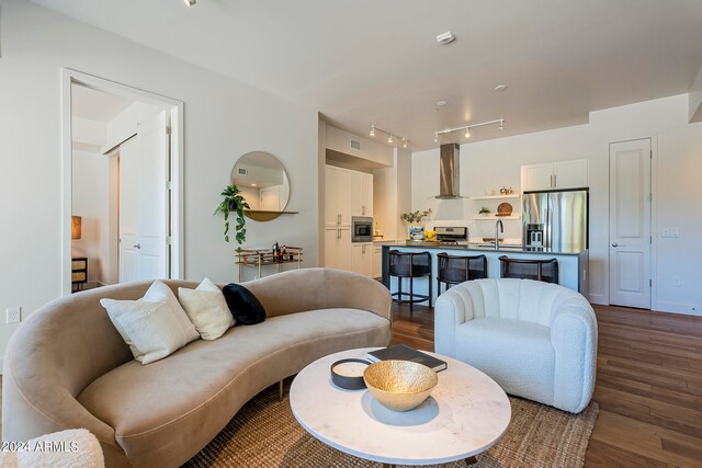 living room with rail lighting and dark hardwood / wood-style flooring