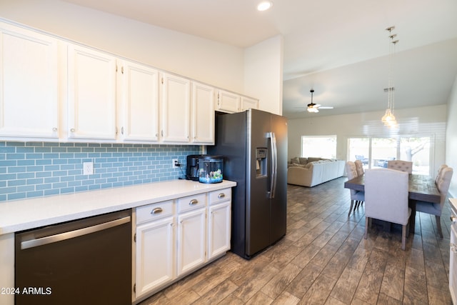 kitchen with hanging light fixtures, ceiling fan, dark hardwood / wood-style flooring, white cabinetry, and stainless steel appliances