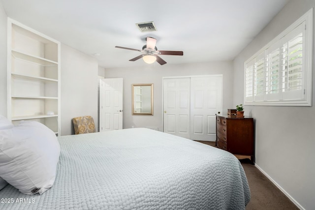 bedroom with dark colored carpet, ceiling fan, and a closet