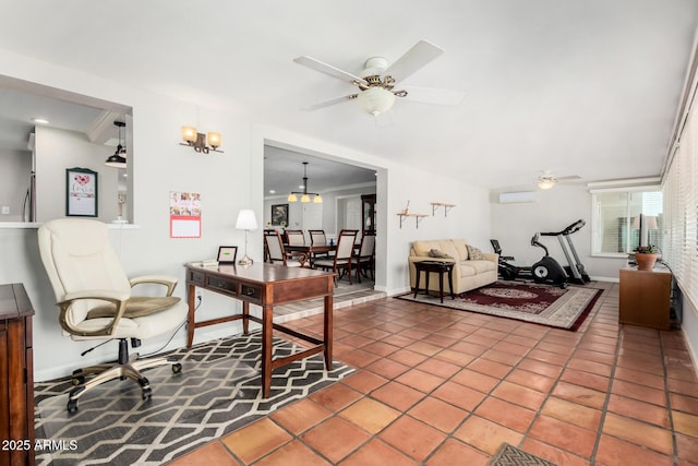 interior space with ceiling fan and an AC wall unit