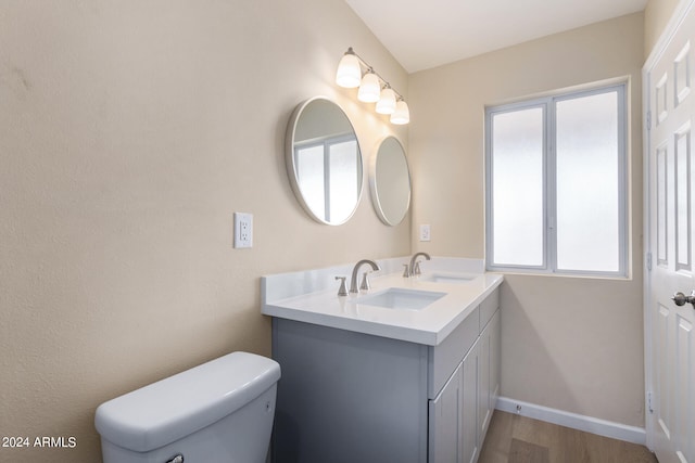 bathroom with wood-type flooring, vanity, toilet, and plenty of natural light