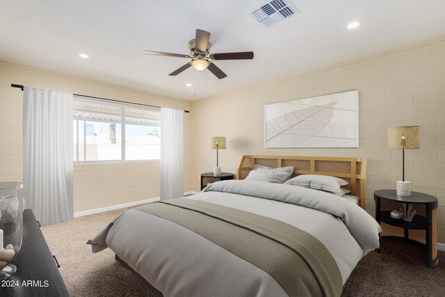 bedroom with ceiling fan and carpet flooring