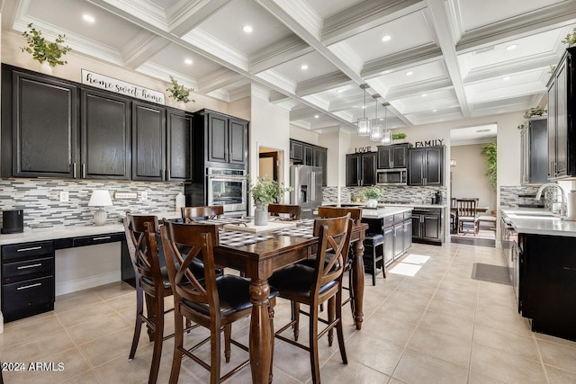 dining room with beam ceiling, light tile patterned floors, and coffered ceiling