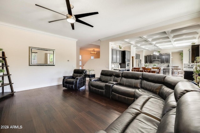 living room featuring dark wood-style floors, baseboards, coffered ceiling, and ornamental molding