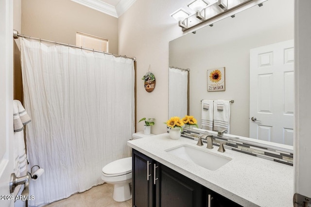 full bathroom with vanity, toilet, tile patterned flooring, and ornamental molding