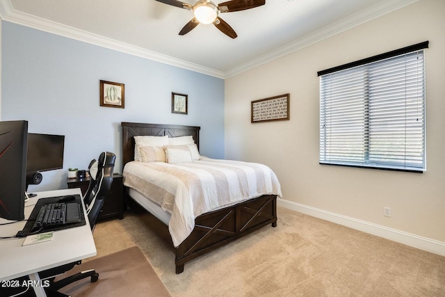 bedroom with crown molding, a ceiling fan, baseboards, and light carpet