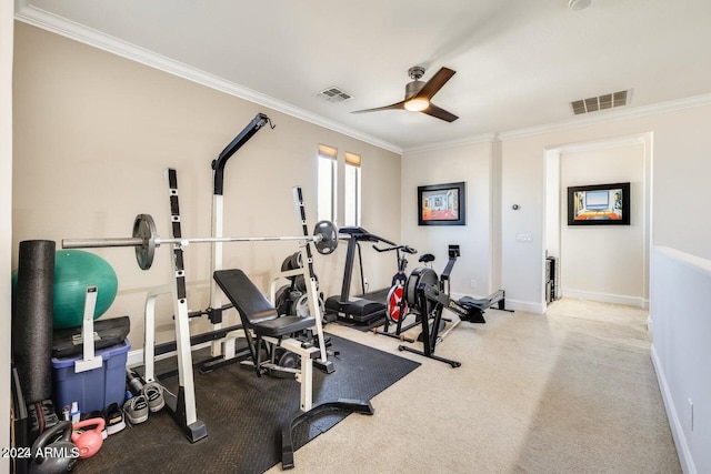 workout room with crown molding, a ceiling fan, and visible vents