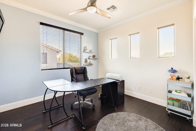 office area with ceiling fan, visible vents, wood finished floors, and ornamental molding