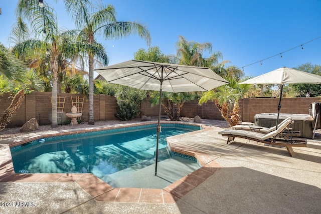 view of pool with a fenced in pool, a patio, a fenced backyard, and a hot tub