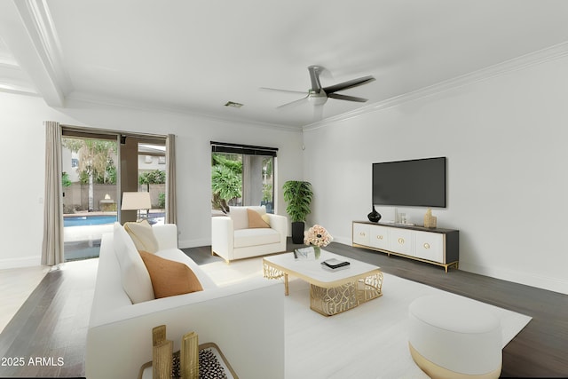 living area with crown molding, wood finished floors, and visible vents