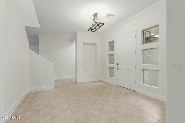 entrance foyer featuring light tile patterned floors, visible vents, baseboards, and ornamental molding