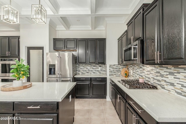 kitchen featuring light tile patterned floors, decorative backsplash, beam ceiling, and appliances with stainless steel finishes