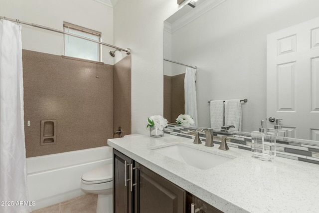 bathroom with toilet, shower / tub combo with curtain, vanity, and tile patterned flooring