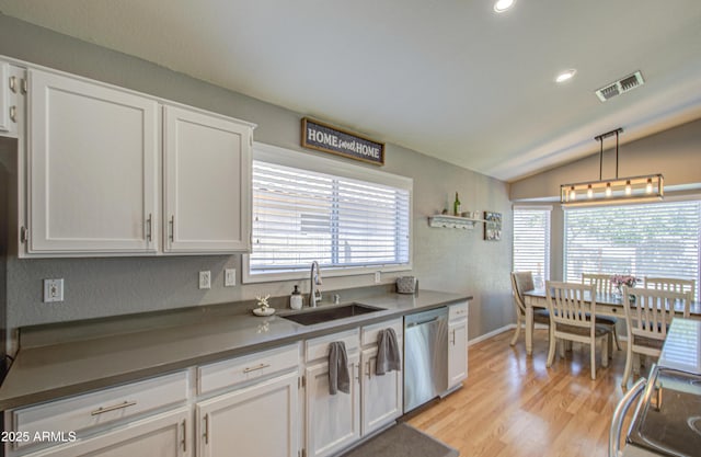 kitchen featuring visible vents, white cabinetry, a sink, dishwasher, and dark countertops