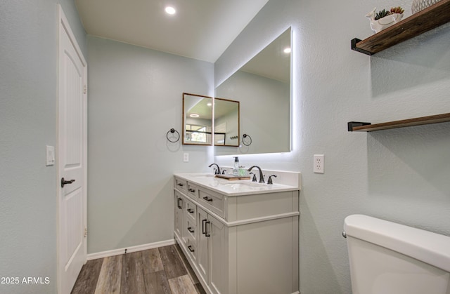 bathroom featuring baseboards, toilet, double vanity, wood finished floors, and a sink