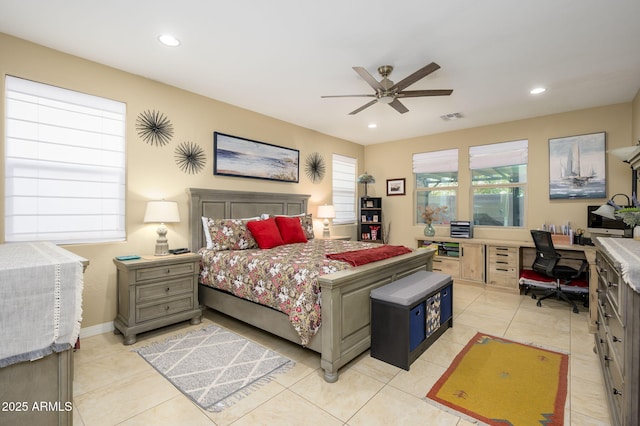 bedroom with light tile patterned floors, ceiling fan, visible vents, and recessed lighting