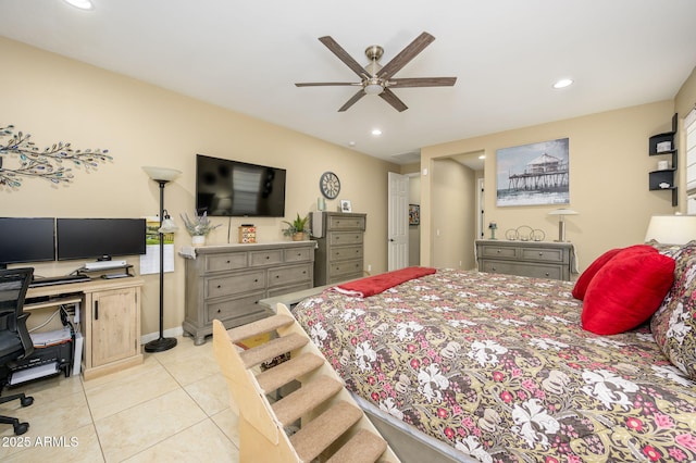 bedroom with light tile patterned floors, ceiling fan, recessed lighting, and baseboards
