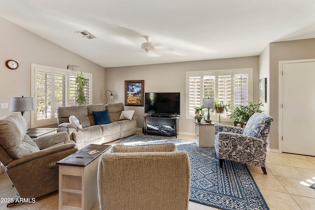 4674 E Alfalfa Dr, Gilbert, AZ 85298 - living room with ceiling fan, light tile patterned floors, lofted ceiling, visible vents, and baseboards