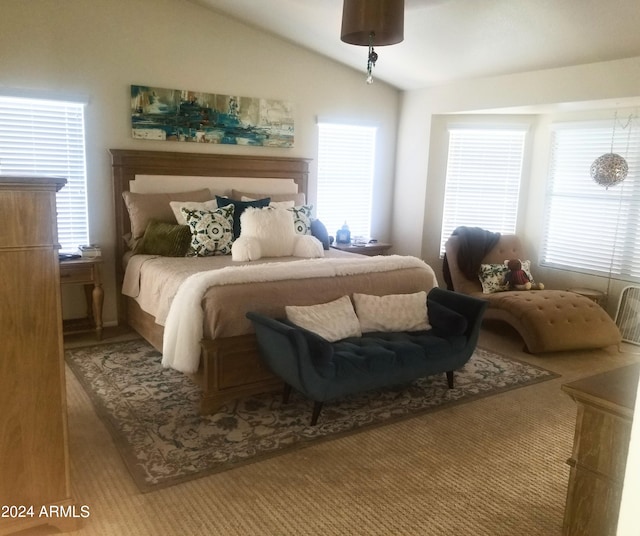 bedroom with multiple windows and vaulted ceiling