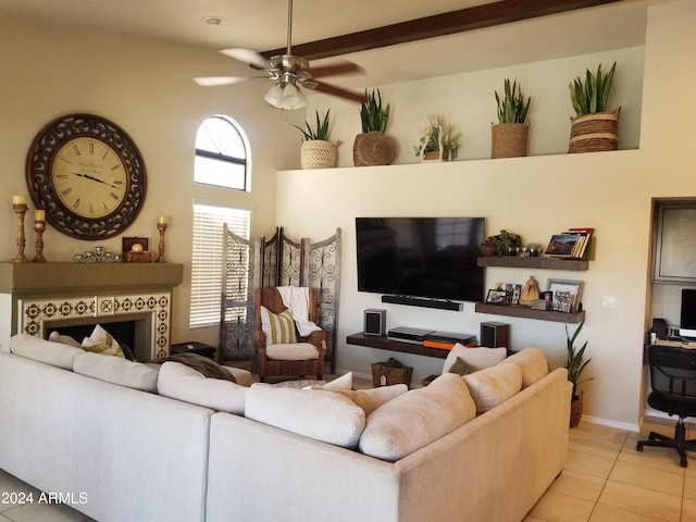 tiled living room with ceiling fan