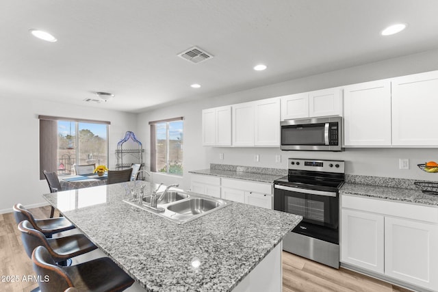 kitchen featuring stainless steel appliances, white cabinets, an island with sink, and sink