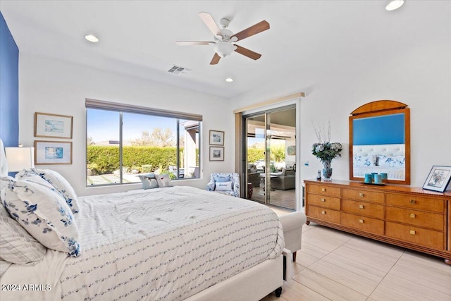 bedroom with ceiling fan, access to exterior, and light tile patterned floors