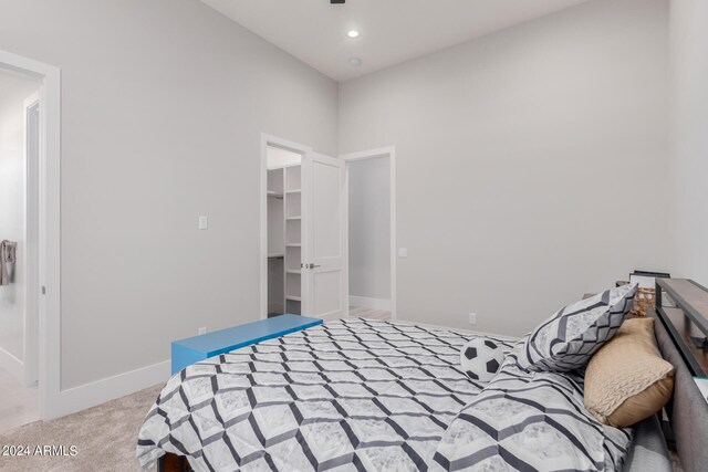 bedroom with a spacious closet, a closet, and light colored carpet