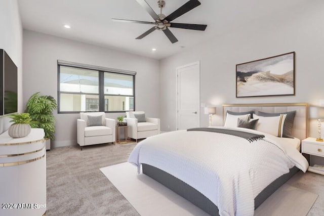 bedroom with ceiling fan and light colored carpet