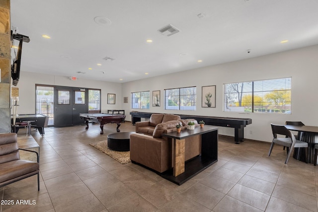 21616 E Calle De Flores, Queen Creek, AZ 85142 - living room with light tile patterned floors, visible vents, recessed lighting, and pool table