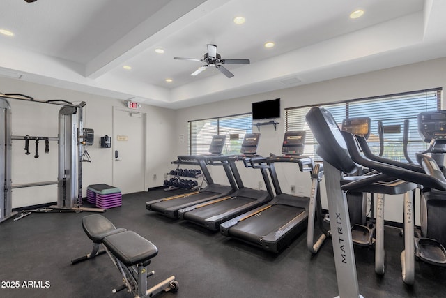21616 E Calle De Flores, Queen Creek, AZ 85142 - gym featuring recessed lighting, a ceiling fan, and a tray ceiling