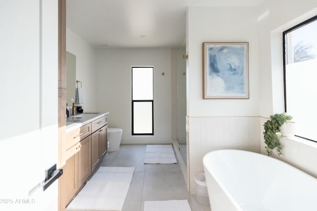 bathroom featuring toilet, vanity, a bathing tub, and a healthy amount of sunlight