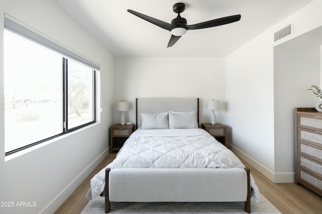 bedroom featuring ceiling fan and wood-type flooring