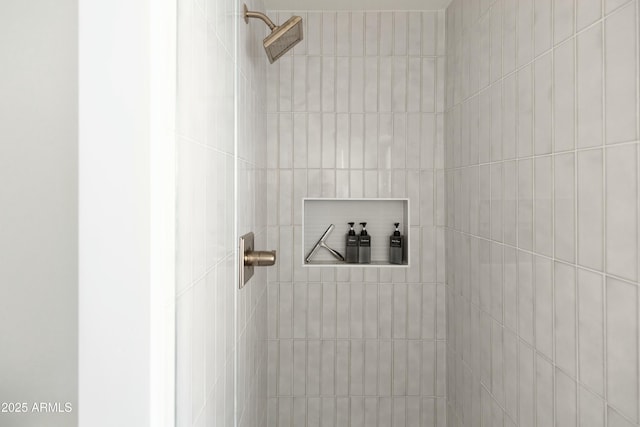 interior details featuring a tile shower