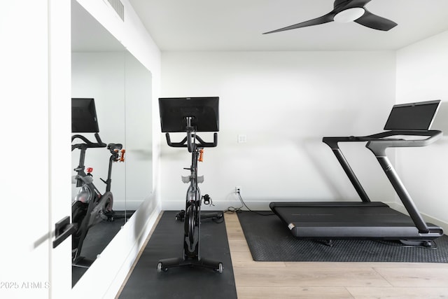 exercise area with light wood-type flooring and ceiling fan