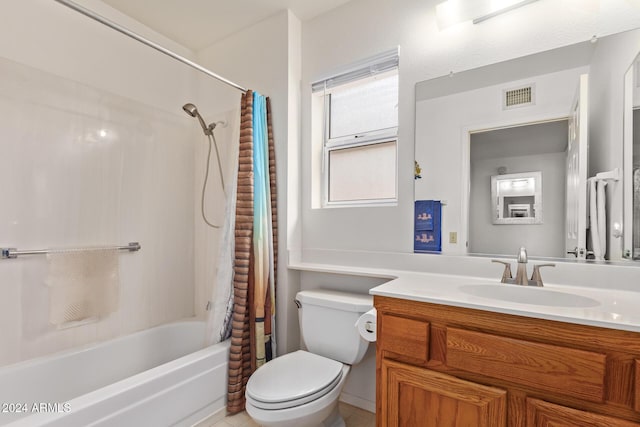 full bathroom with tile patterned floors, vanity, toilet, and shower / bathtub combination with curtain