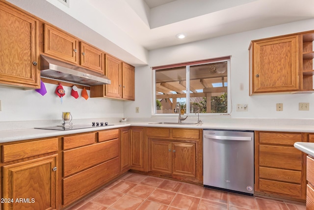 kitchen with dishwasher, sink, light tile patterned floors, cooktop, and extractor fan