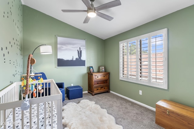 5755 W Harrison St, Chandler, AZ 85226 - carpeted bedroom with baseboards, a crib, lofted ceiling, and a ceiling fan