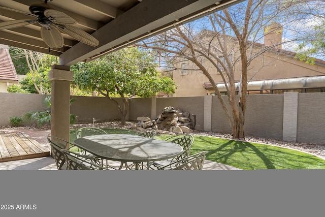 5755 W Harrison St, Chandler, AZ 85226 - view of patio / terrace with outdoor dining space, ceiling fan, and a fenced backyard