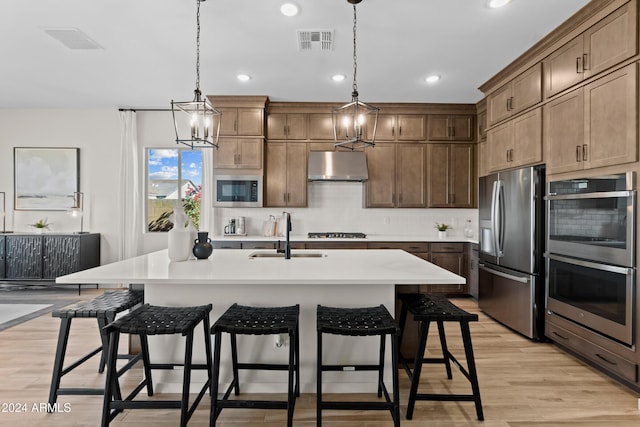 kitchen featuring light wood-type flooring, stainless steel appliances, sink, decorative light fixtures, and an island with sink