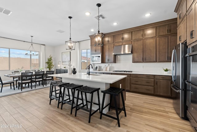 kitchen with a healthy amount of sunlight, an island with sink, extractor fan, and stainless steel appliances