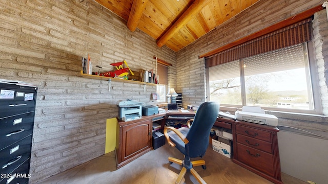 home office with brick wall, beam ceiling, and wood ceiling