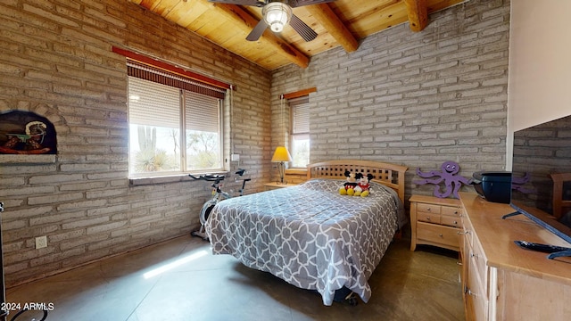 bedroom with wood ceiling, beam ceiling, brick wall, and ceiling fan