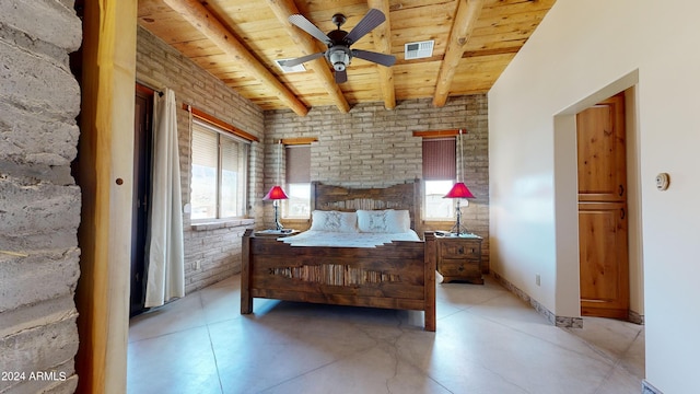 tiled bedroom with ceiling fan, brick wall, beamed ceiling, and wood ceiling