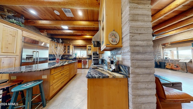 kitchen with wooden ceiling, built in appliances, a kitchen breakfast bar, and beam ceiling