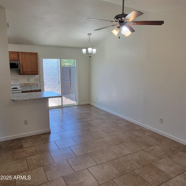 3645 N 69th Ave Unit 99, Phoenix, AZ 85033 - unfurnished dining area featuring a chandelier, a ceiling fan, light tile patterned floors, and a textured ceiling