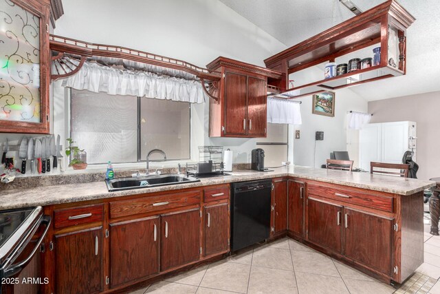 kitchen with vaulted ceiling, kitchen peninsula, sink, light tile patterned flooring, and black dishwasher