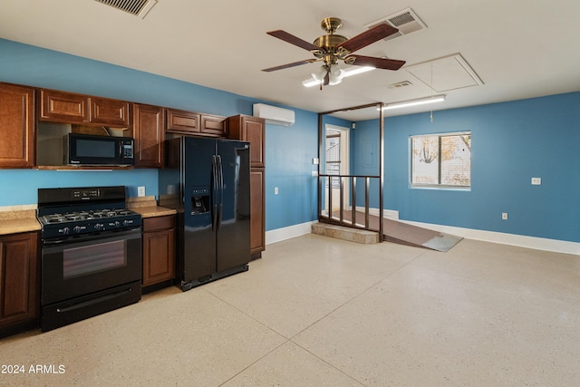 kitchen featuring ceiling fan, black appliances, and a wall mounted AC