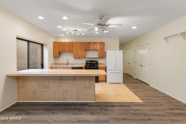 kitchen with hardwood / wood-style floors, ceiling fan, sink, and black appliances